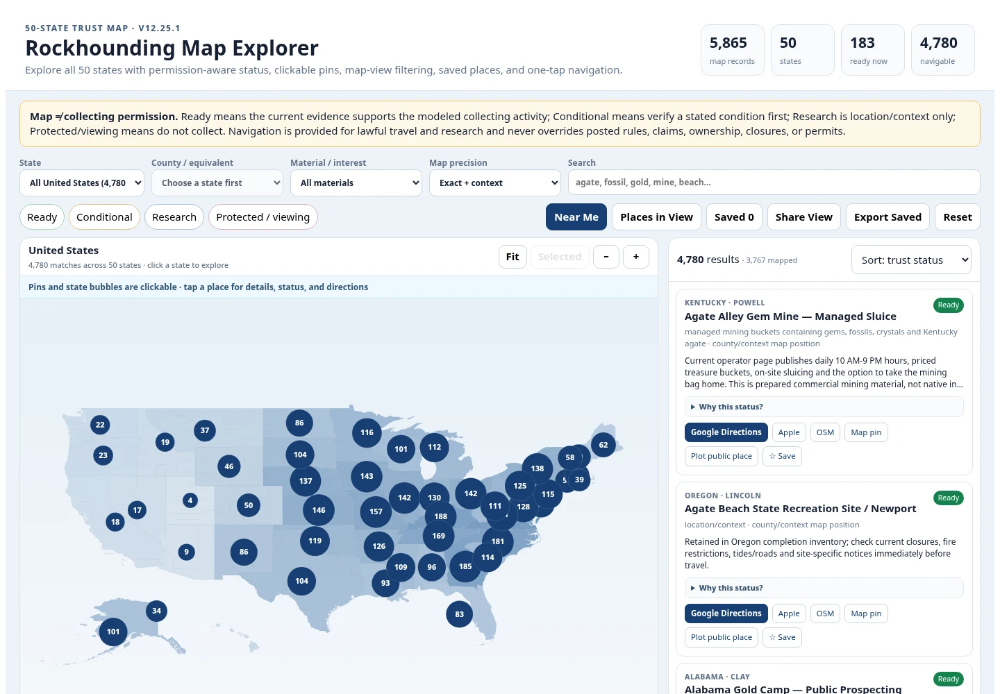 Preview of the national rockhounding map