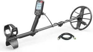 Metal detector with round multi-spoke search coil, digital handle display and a small connector cable