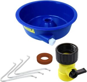 Blue circular gold recovery concentrator bowl with yellow valve fittings, hose adapter and wire hooks