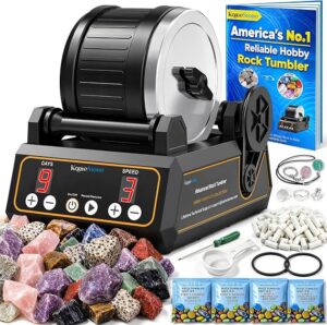 Electric rotary rock tumbler kit with rough gemstones, polishing compounds and a rock tumbling instruction book