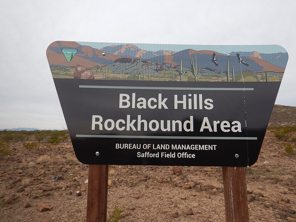 BLM sign reading Black Hills Rockhound Area on an arid hill in Arizona