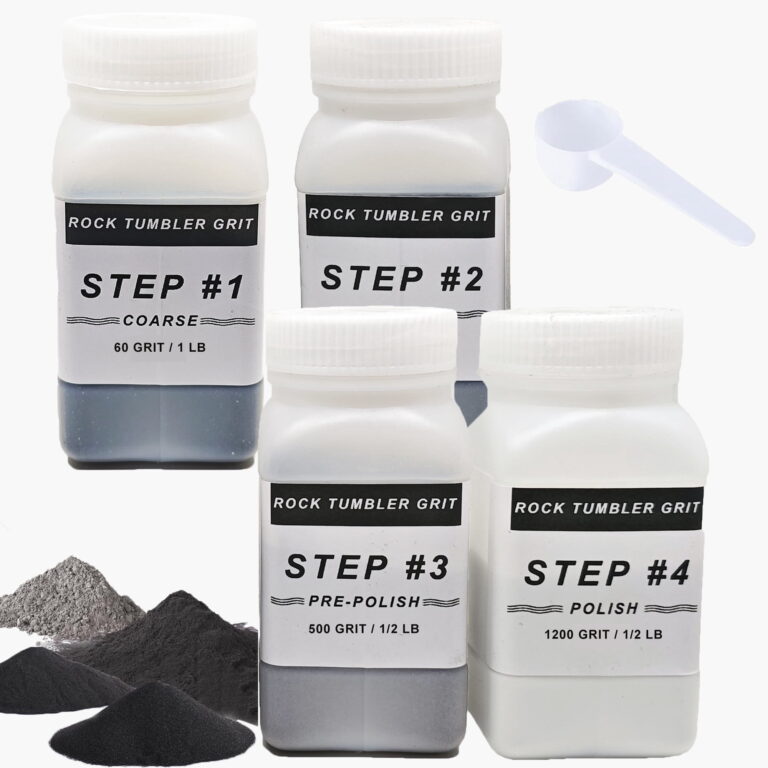 Example four-stage rock tumbler grit set; check brand and actual contents on Amazon