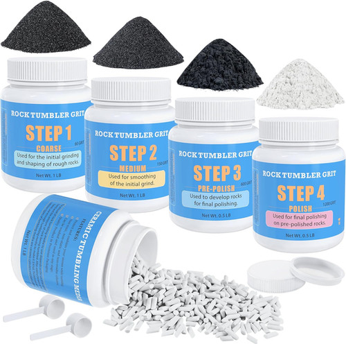 KomeStone 4 lb Four-Step Rock Tumbling Grit and Media Kit
